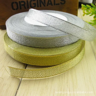 

High quality Gold and silver glitter metallic edge grosgrain ribbon clothing sheet material wrapping paper tape 20Mroll