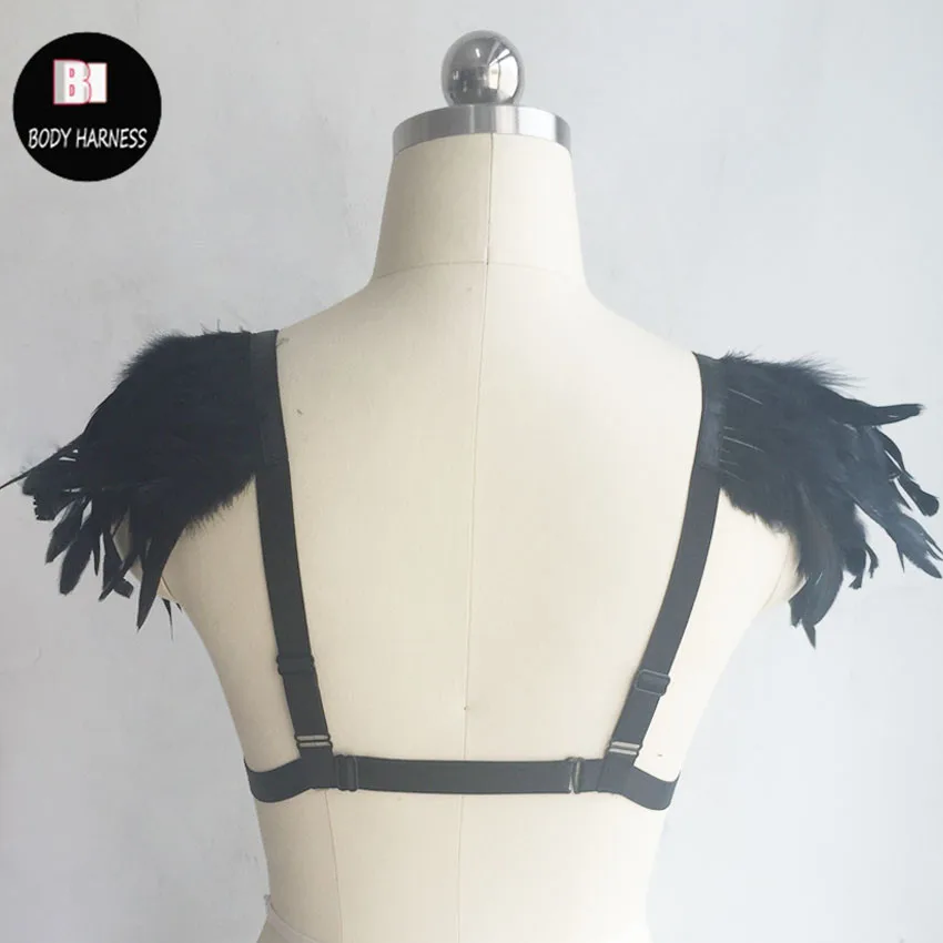 Women Fetish Vampire Fantasy Couture Sexy Feathered Epaulettes Elastic Harness Feather Brassiere Rave Bra Festival Body Harness