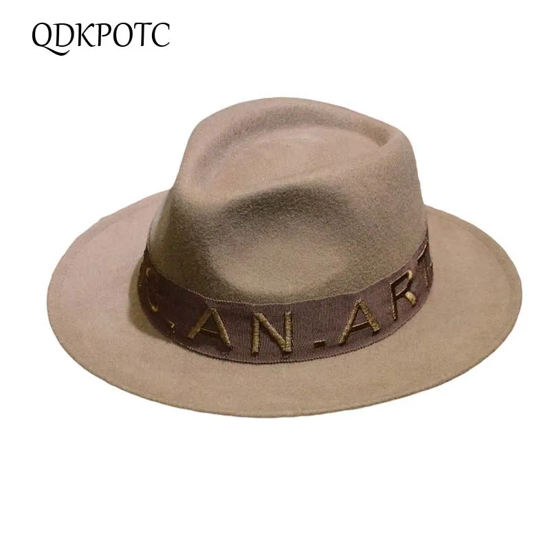 QDKPOTC осенне-зимняя мягкая фетровая шляпа с широкими полями для мужчин джаз шляпа с буквенным поясом плоская полочка фетровая шапка Трилби котелок из шерсти шляпы для женщин еврейская шляпа