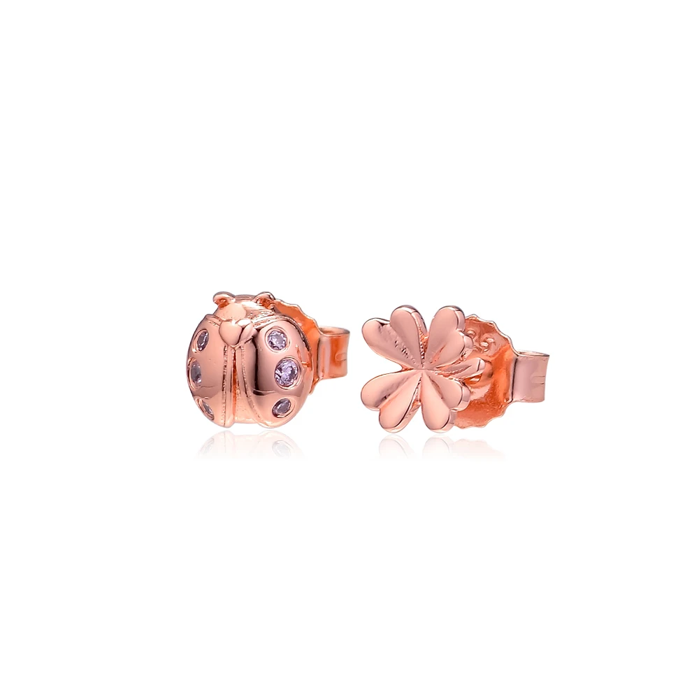 

CKK Silver 925 Jewelry Rose Four-Leaf Clover and Ladybird Studs Earring For Women Sterling Silver Original Earring