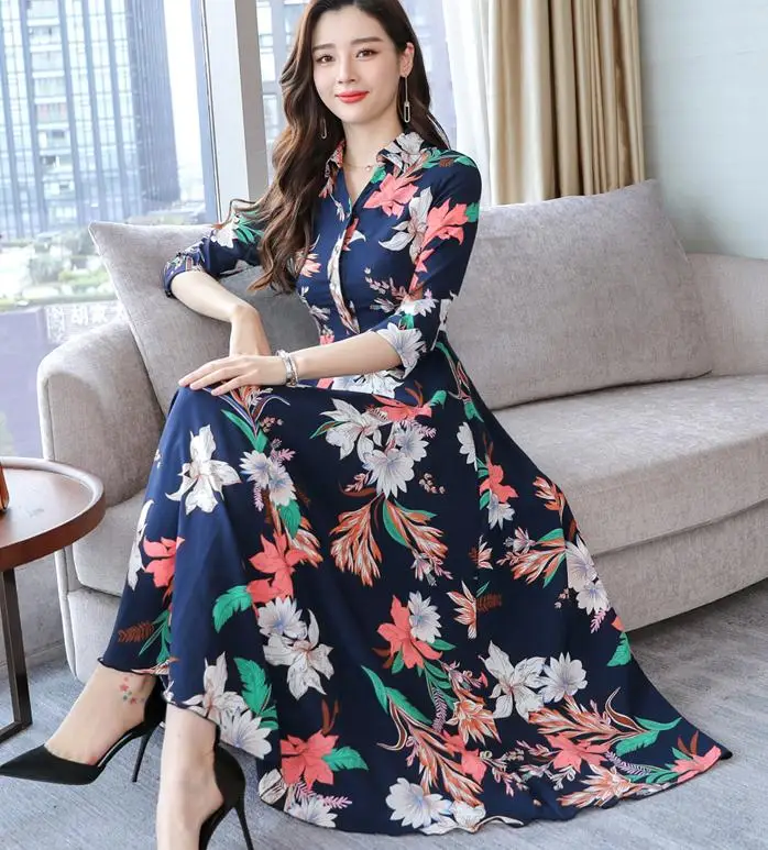 

High Quality Plus Size S-3XL 2019 Summer New Arrival Elegant Turn-down Collar Three-quarter Sleeve Woman Chiffon Long Dress