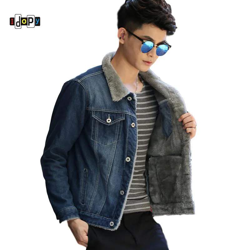 

Idopy Fashion Men`s Denim Jacket With Fur Lined Warm Autumn Winter Slim Fit Fur Collar Jeans Jacket Coat Outerwear For Male
