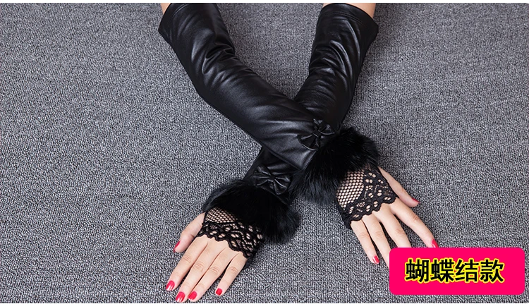 Модные черные кружевные перчатки из овчины женские теплые перчатки длиной 40 см женские перчатки из натуральной кожи митенки без пальцев