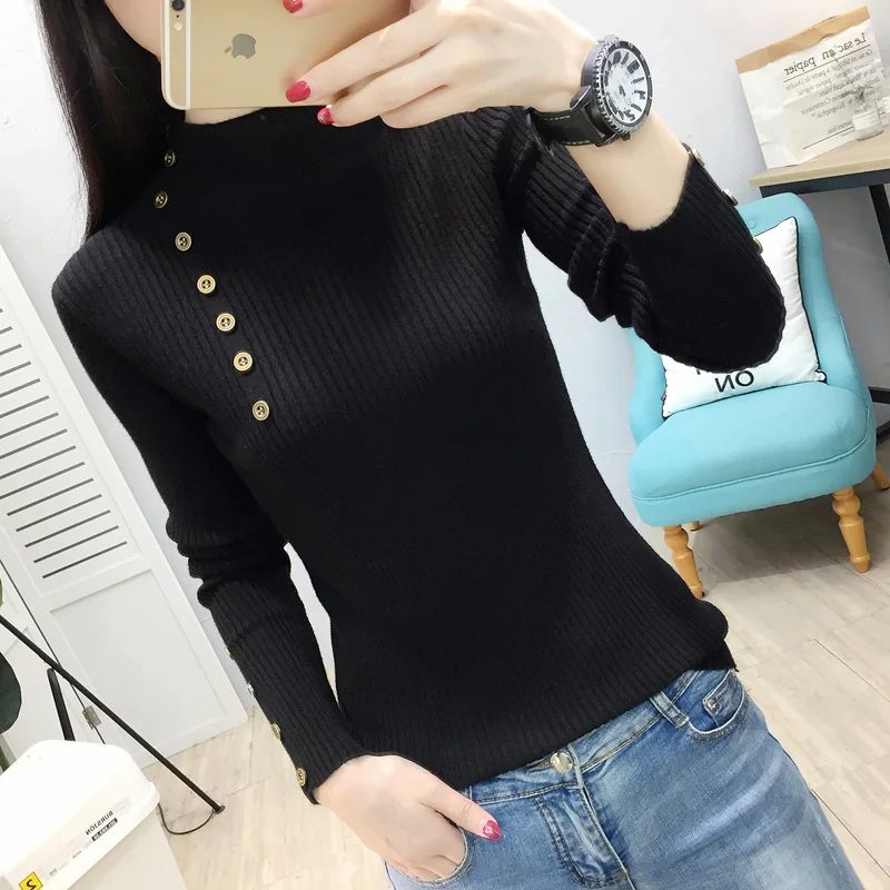 

2019 Korean half high necked blouses, women's knitted sweater long sleeves, slim body, short sleeves, sweater, net red.