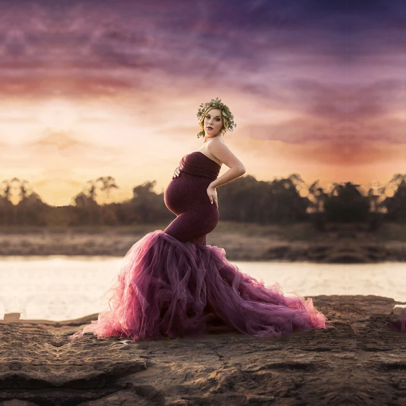 Materninty Tulle Photo Dress Maternity Long Tulle Fitted Mermaid