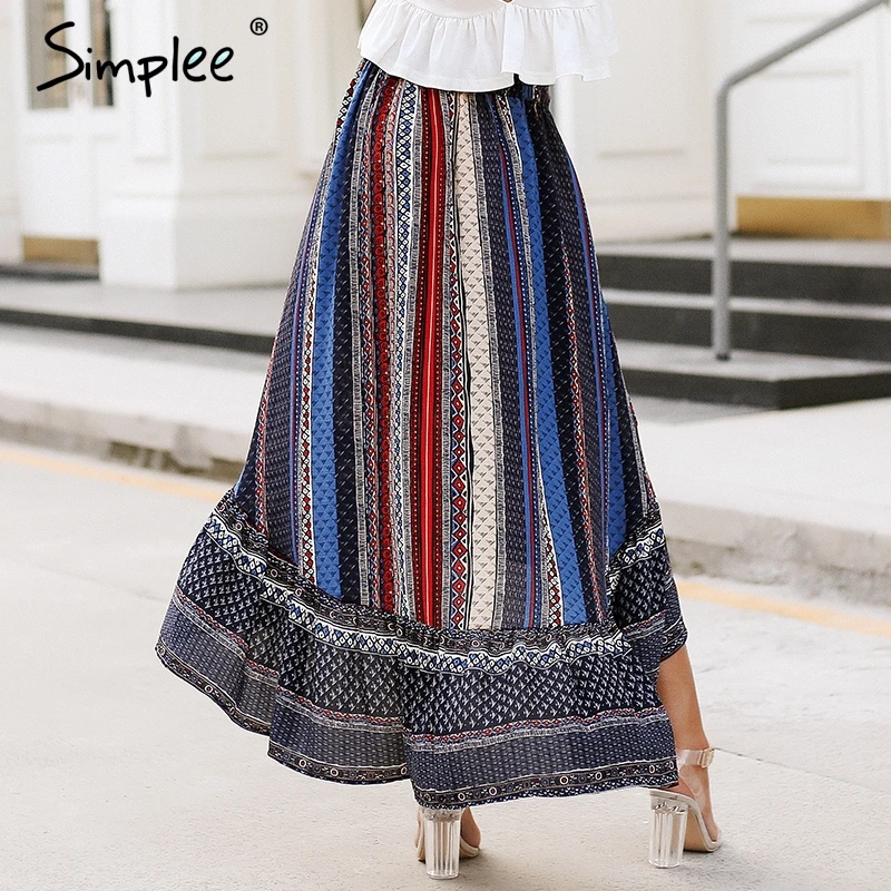 Simplee рюшами boho печати wrap юбка женские летние пляжные повседневные макси Женский
