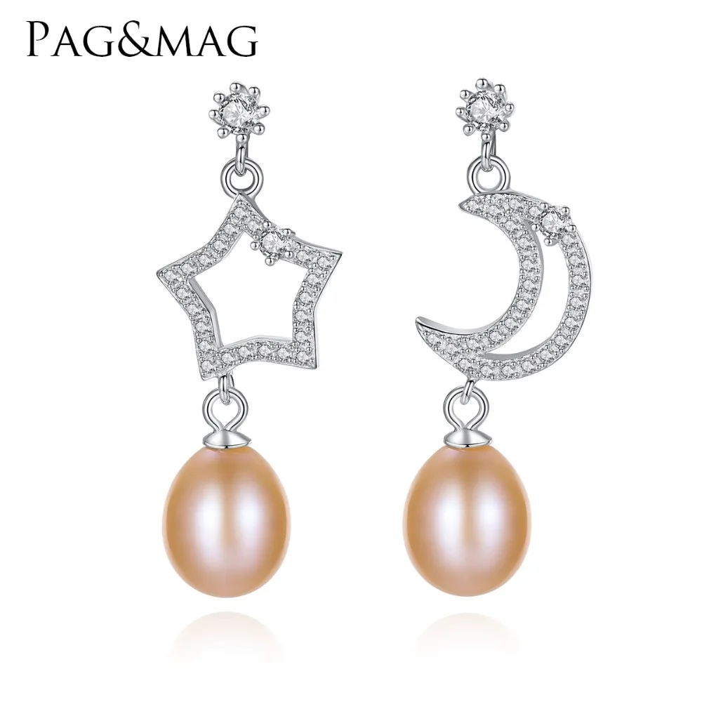 

PAG&MAG New Fashion Natural Pearl Drop Earrings 925 Sterling Silver Shining Star Moon Hanging Brincos for Bride Wedding Party