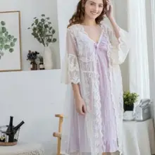 Кружевной Халат длинный халат Женская белая кружевная одежда с вышивкой и слип из двух частей для женщин халат одежда для сна