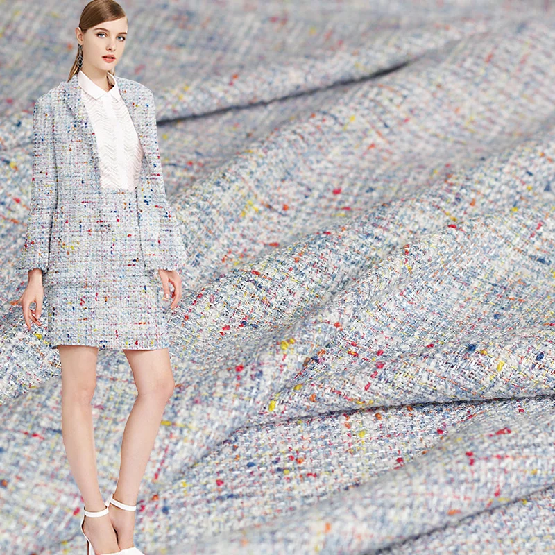 

Pearlsilk Blue White Dots Tweed Colour Chan's Style Garment Materials Spring Suit Dress Skirt DIY clothes fabrics