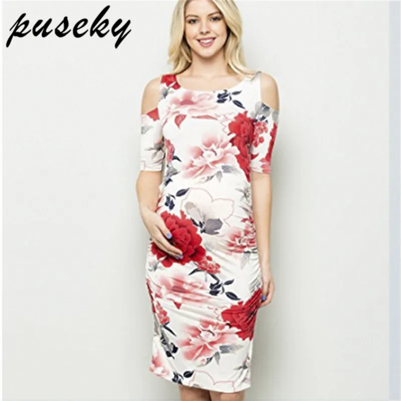 Puseky Stretch High Waist Floral Printing Maternity Dress Off Shoulder ...