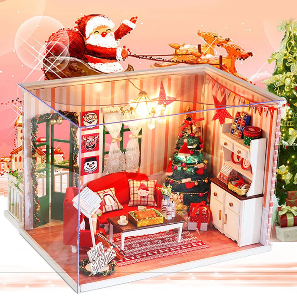 Рождество Diy ручной сборки модель подарок миниатюрный кукольный домик коттедж собраны игрушки детские подарки деревянный кукольный домик