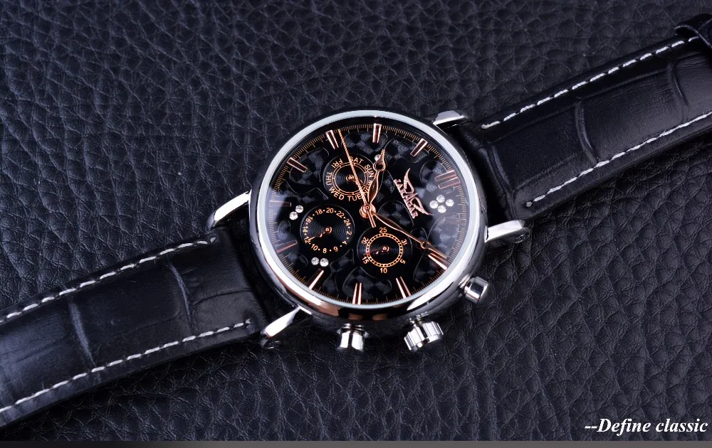 Jaragar неясный Swirl Мода 3 циферблата дизайн алмаз черный золотой циферблат натуральная кожа мужские часы лучший бренд класса люкс автоматические часы