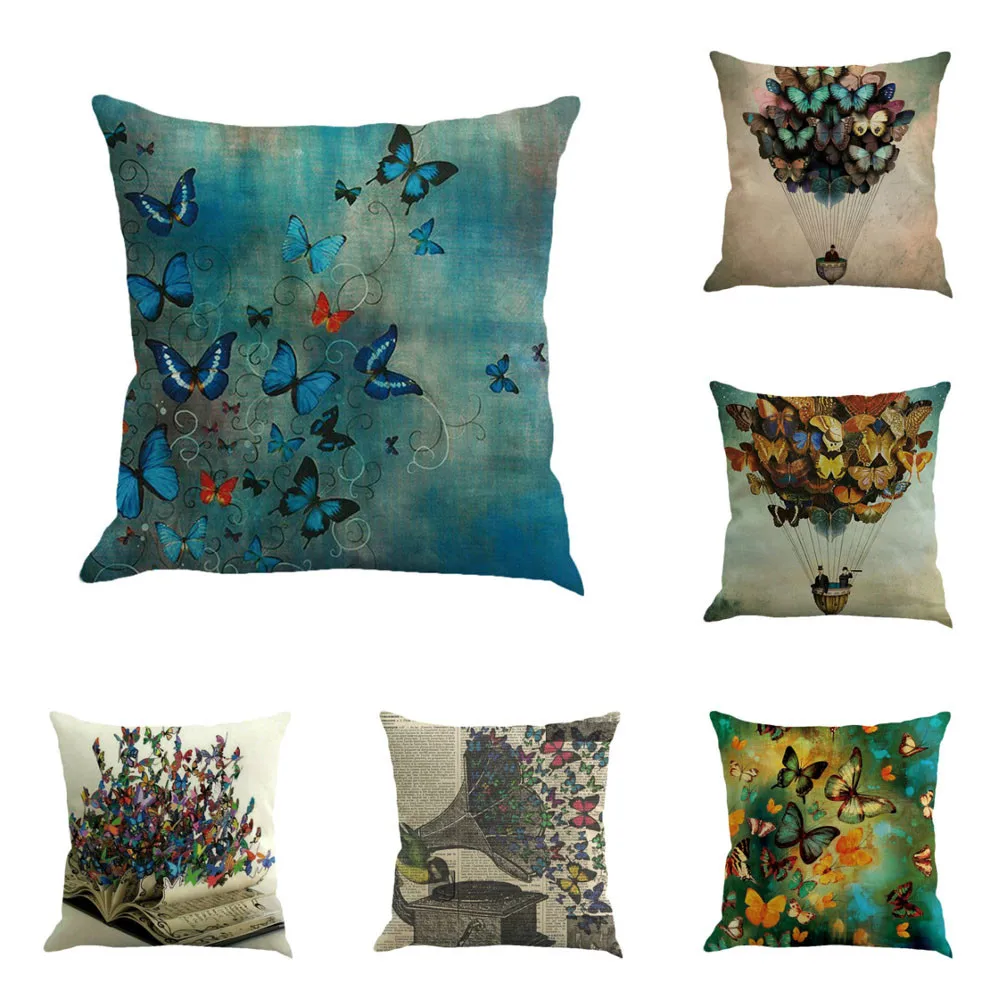 

Ouneed Hot 1Pcs Flax Square Butterfly Painting Linen Throw Waist Pillow Case Home 45*45cm Pillow Cover With Modern