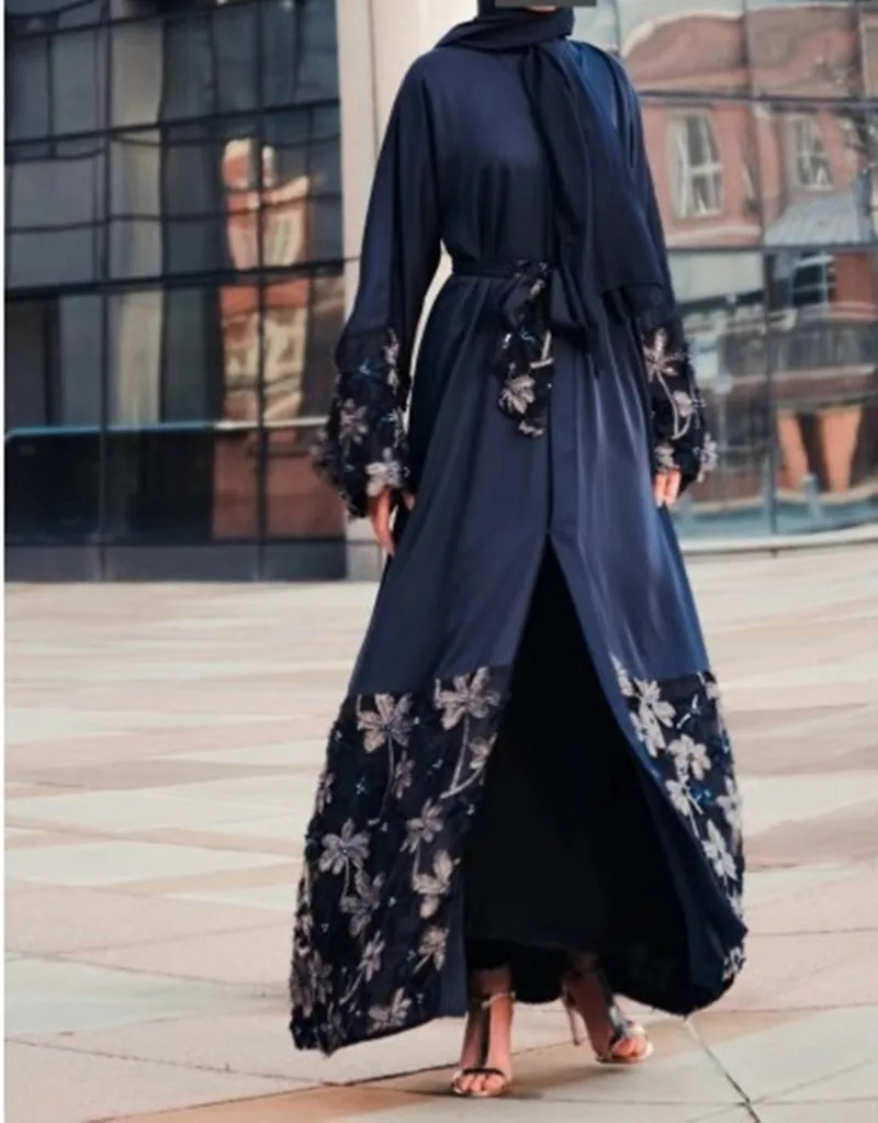 Элегантная Муслима хит цвет аппликации кружевная Абая Турецкая полная длина джилбаб Дубай женский кардиган исламское платье wq1334 Прямая поставка