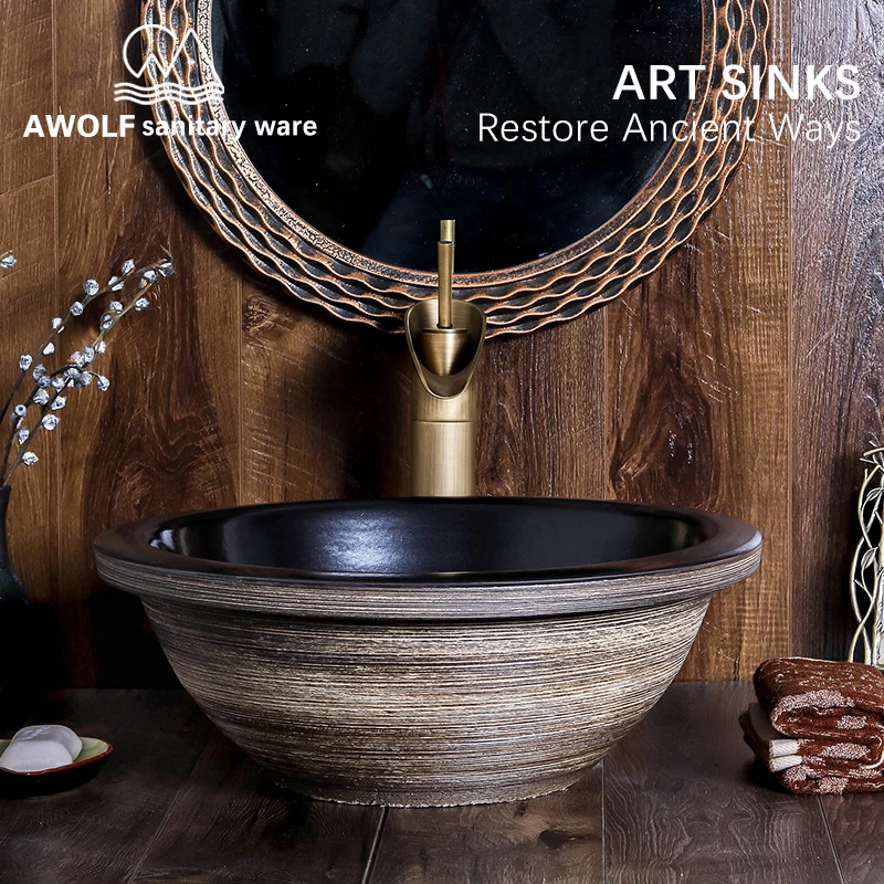 

Art Bathroom Sinks Antique Ceramic Vessel Washing Basin Bowl Handmade Lavatary Sink Restore Ancient Ways Hotel Household AM889