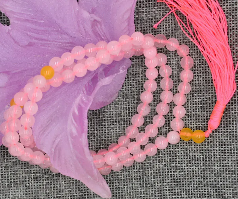 

Natural 6mm stone Buddhist Pink quartz 108 Prayer Beads Mala Bracelet Necklace A