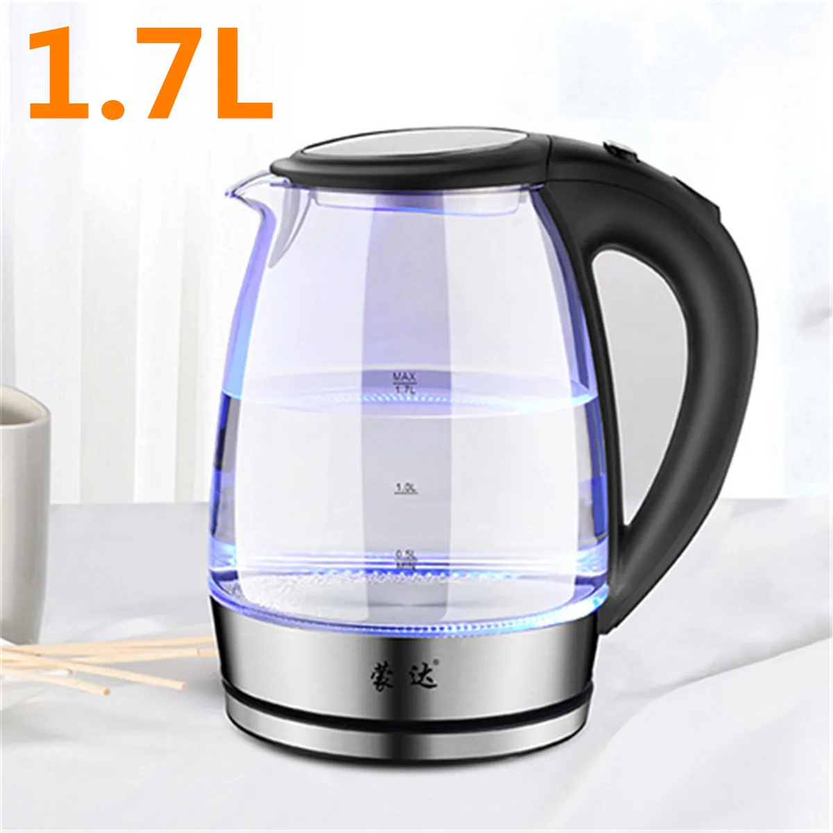 

1.7L 304 Stainless Steel High Borosilicate Glass Electric Kettle Blue LED Light 15x15x23cm