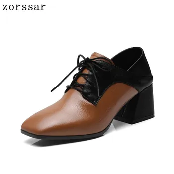 

Zorssar 2019 New women Pumps Genuine Leather Shallow Lace-up Square Toe High heels Wedding Party dress shoes plus size 34-43