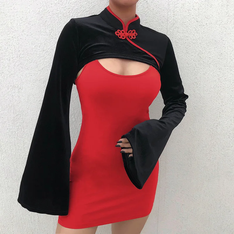 JSMY New Women Stand Collar Flare Sleeves Chinese Style Short Blouse Sweatshirt Expose Navel Short Casual Pullover Top JSMY New Women Stand Collar Flare Sleeves Chinese Style Short Blouse Sweatshirt Expose Navel Short Casual Pullover Top
