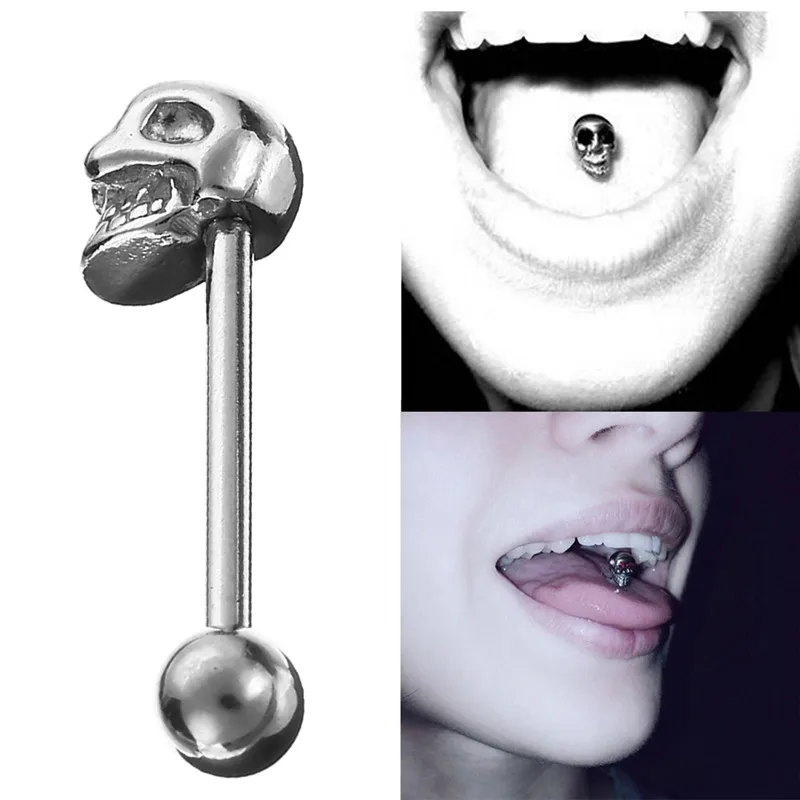 1Pc Punk Stainless Steel Skeleton Tongue Rings Piercings Men Barbell