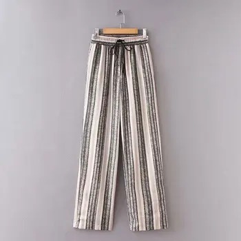 

2020 Summer New Arrival Loose Slim And Striped Casual Pants Waist Lace-up Straight Pantalon Womens Linen Pants Free Shipping