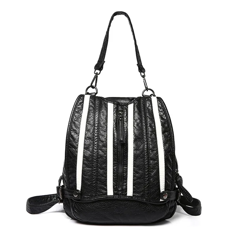 Women Leather Small Backpack Travel Black Stripe Rucksack Shoulder Crossbody Bags for Girl School Bag Lady 2018 New THINKTHENDO Women Leather Small Backpack Travel Black Stripe Rucksack Shoulder Crossbody Bags for Girl School Bag Lady 2018 New THINKTHENDO