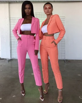 

High Quality Pink Green Orange V-neck Belt Long Sleeve 2 Pieces Set Fashion Evening Party Set