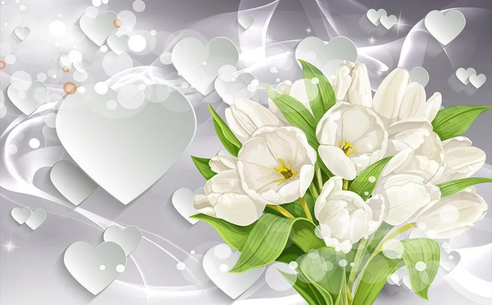 Kustom 3d Wallpaper Putih Tulip Bouquet Jantung Latar