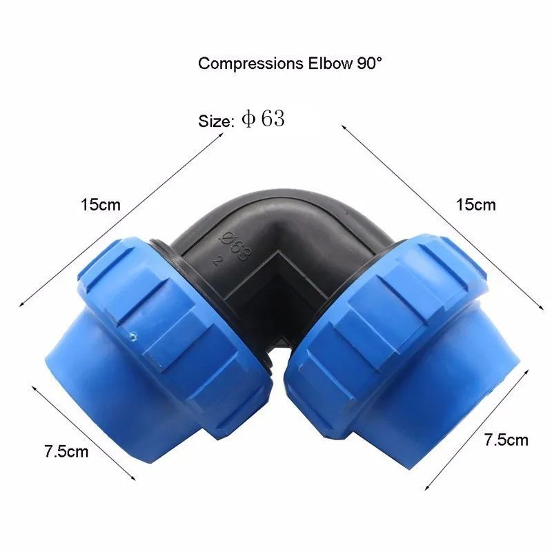 1 шт. HDPE сжатия локоть 90 градусов пластик подача воды для полива равный ПП Компрессионный фитинг PN 16 - Цвет: 63mm