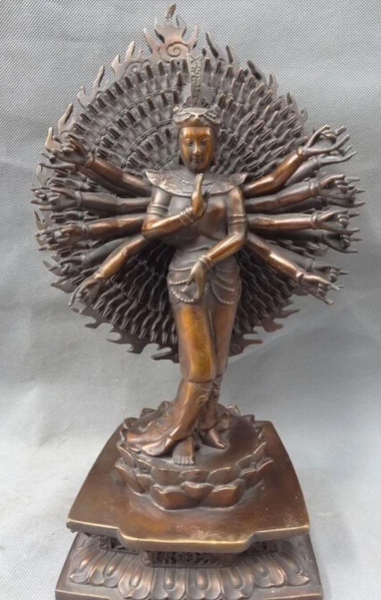 

JP S0608 14" Tibet Pure Bronze Buddhism Joss 1000 Arms Avalokitesvara GuanYin Statue B0403
