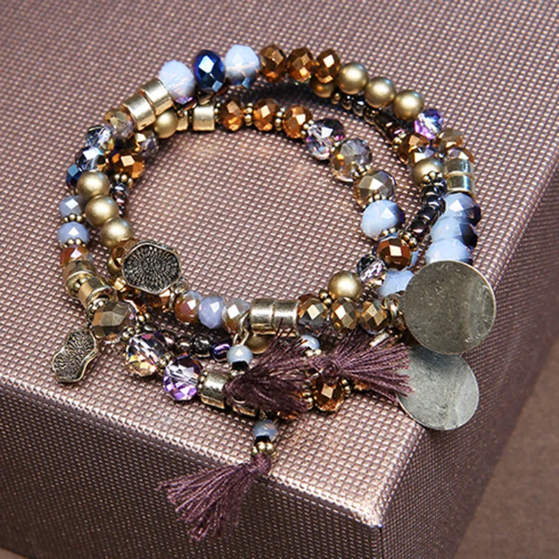 3pcs set Ethnic Multilayer Beaded Tassel Elastic Charm font b Bracelets b font Set Turquoise Bead