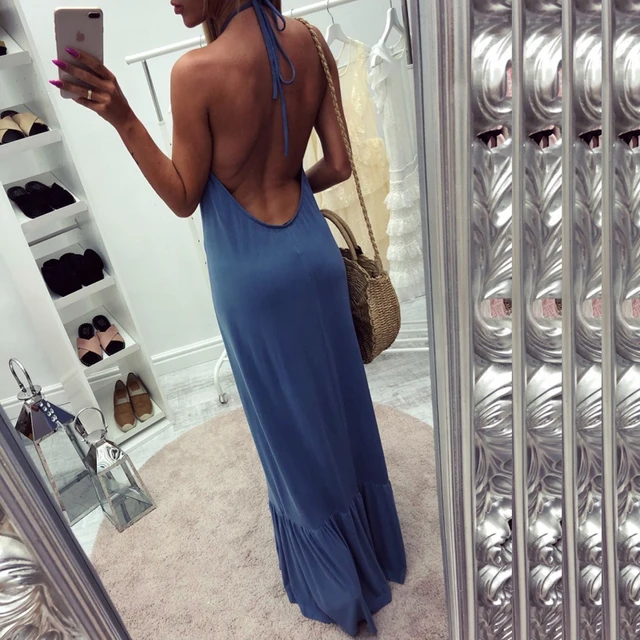 ELSVIOS New Women Elegant Maxi Dress Sexy Backless Halter Beach Long Boho Dress Casual Solid Loose Summer Ruffle Dresses Vestido 1