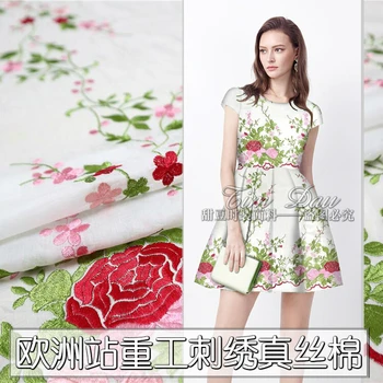 

Heavy Industry Rose Embroidered Silk Cotton Fabric Costume Dress Thin High-grade Embroidered Silk Fabric wholesale cotton cloth