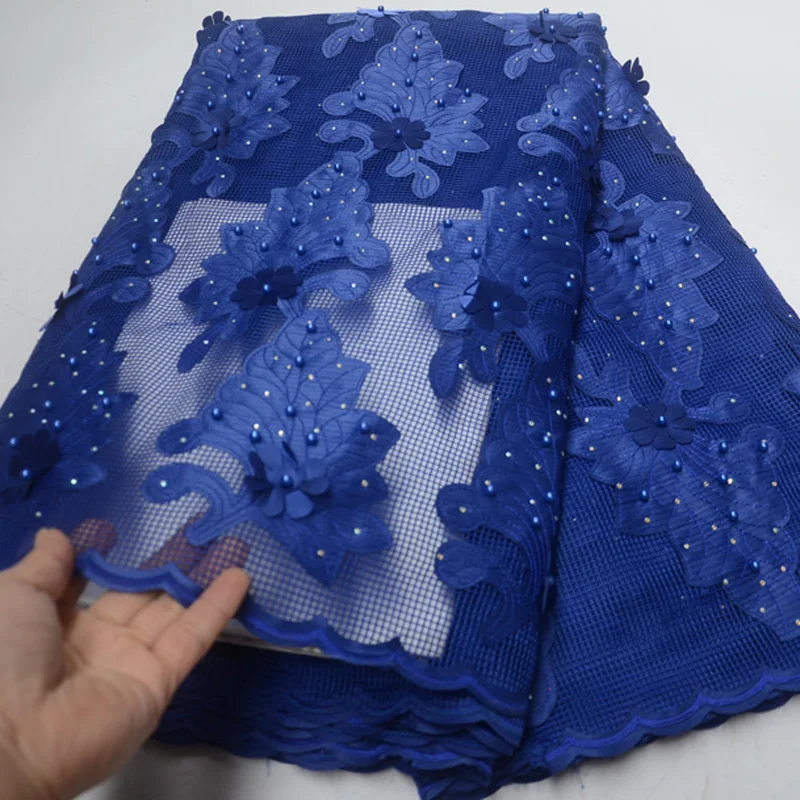 

Free shipping 3D flowers appliqued African tulle lace fabric 2019 royal blue French net lace fabric with beads and stones PL111