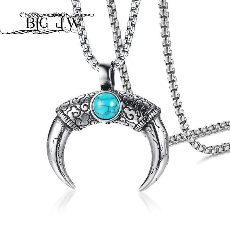 BIG J.W Double Side Natural Stone Pendant Necklace For Men Silver Golor OX Horn Shaped Stainless Steel Male Jewelry | Украшения и