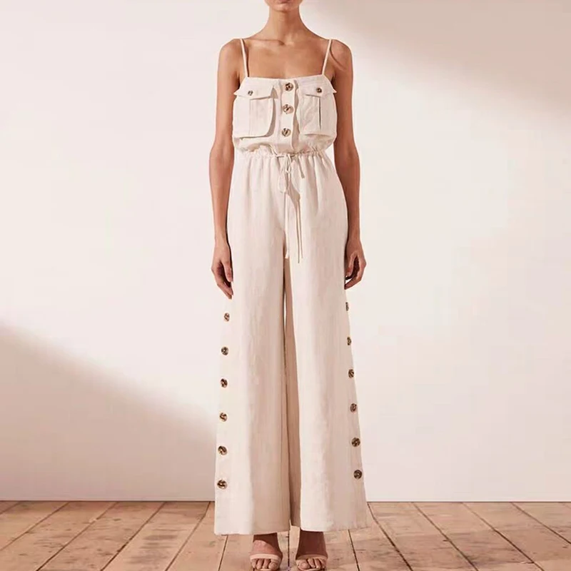 

HIGH QUALITY Newest Fashion Runway 2019 Designer Jumpsuit Women's Spaghetti Strap Buttons Jumpsuit