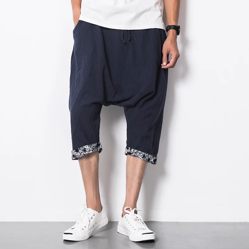 New Summer Fashion linen Pants Men's tapered Pants Man Drop Crotch