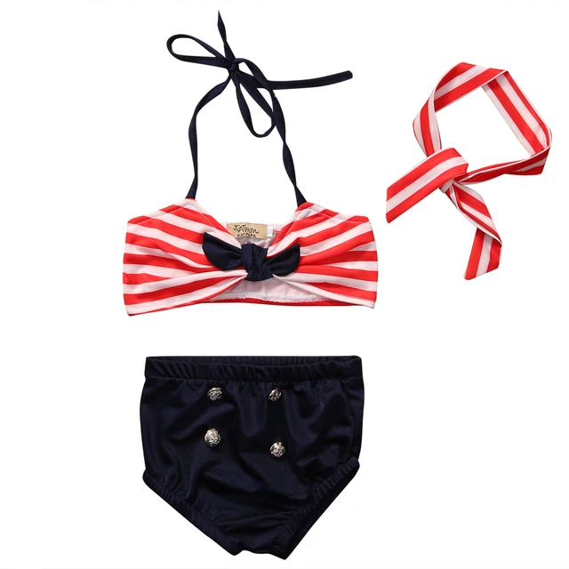 Cheap Fashion children's 3PCS Kids Baby Girl Bikini Stripe Swimsuit Swimwear Swimming   headband Clothes Beachwear