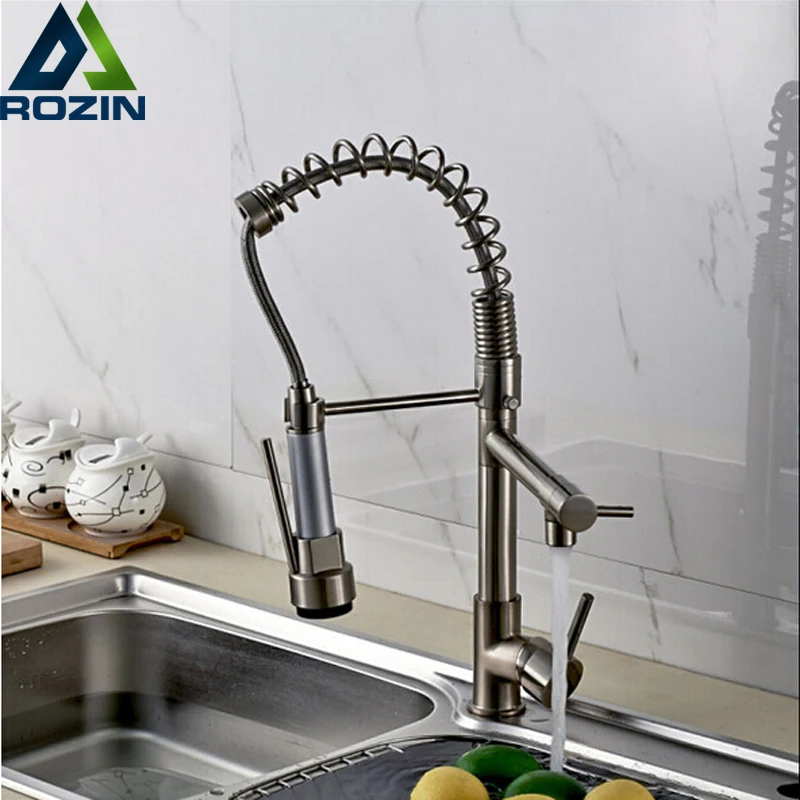 Luxury Chrome Nickel Double Spout Pull Down Kitchen Sink Faucet Single Handle Brass Kitchen Mixer Taps
