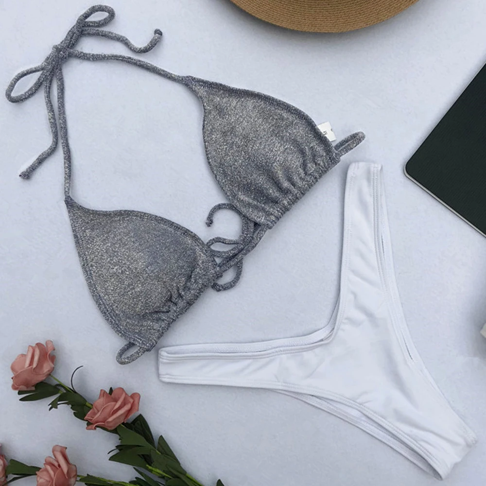 Sexy Shiny Bikini Set Bling Swimsuit White Bikinis Women Bandeau