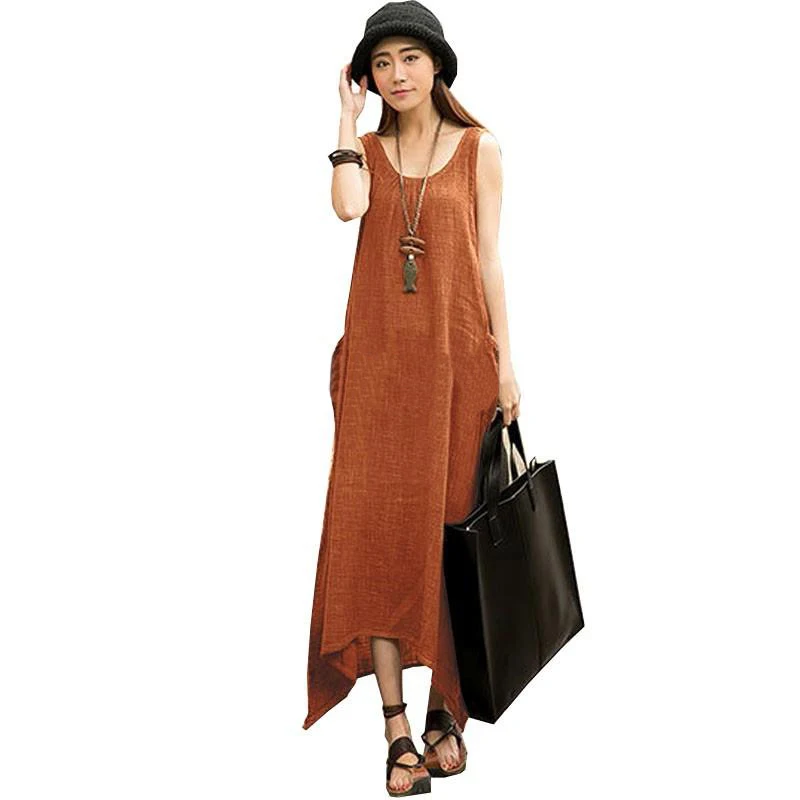 Casual Loose Cotton Linen Vintage Summer font b Dress b font 2017 Women Sleeveless O Neck