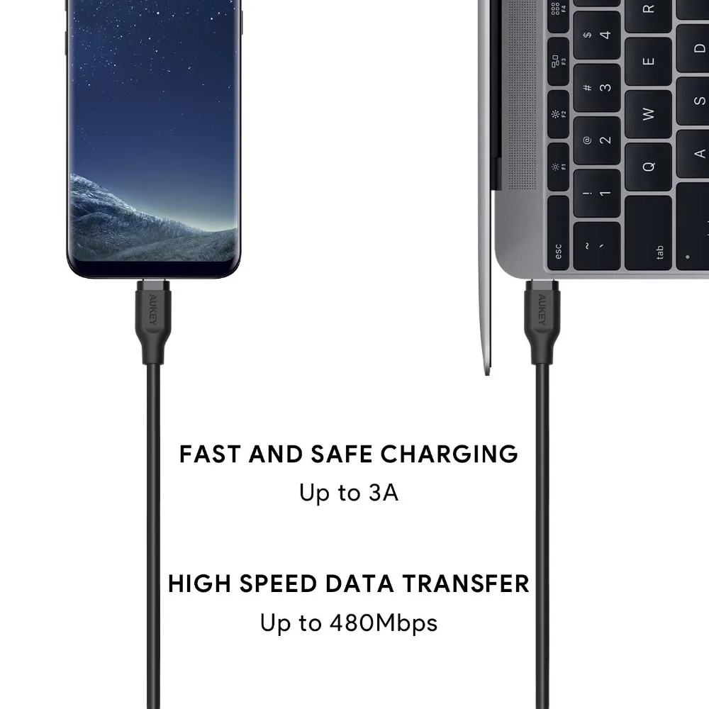 AUKEY USB Type C Cable 1.8m 3A Type-C Fast USB C - USB C Mobile Phone Data Charger Cable For Xiaomi Mi 8 7 Samsung s9 s8 Macbook