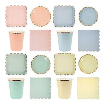 

Golden Striped Solid Candy Color Disposable Tableware Set Paper Plates Cups Napkins Wedding Party Carnival Tableware Supplies