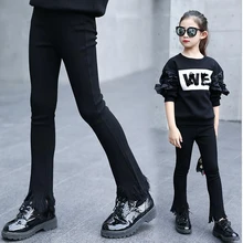 Брюки-клеш для девочек новые штаны для девочек черные повседневные толстые зимние брюки с бахромой для девочек костюм для детей 6 7 8 9 10 12 лет