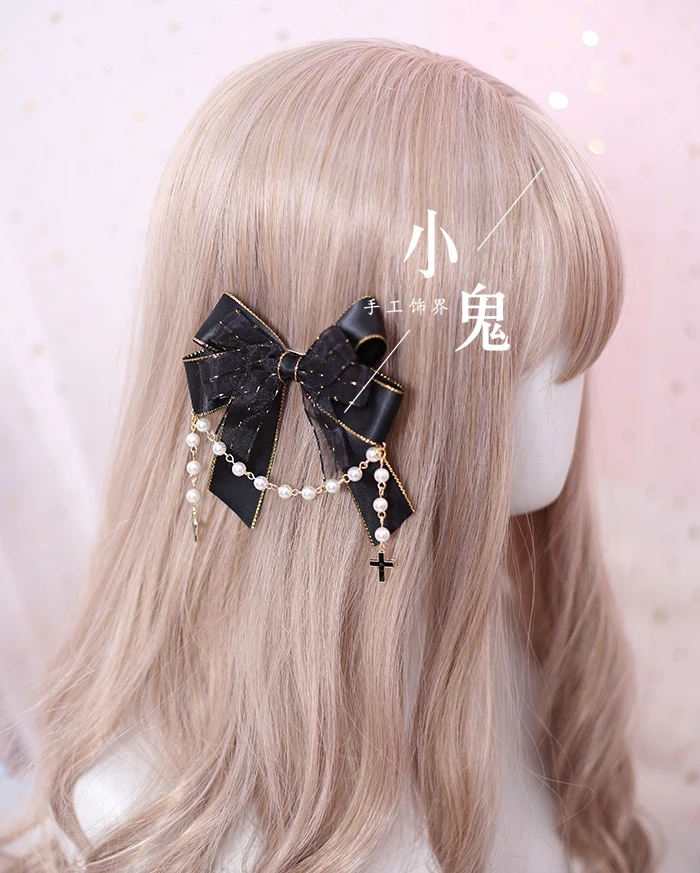 Ручная работа черный готический Лолита ветер тиара аксессуары для волос японская Брошь Шпилька шеи цепочки с орнаментом