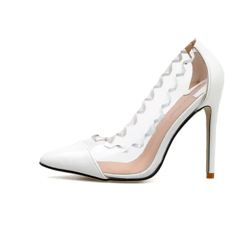 Женская обувь; женские туфли-лодочки на высоком каблуке-шпильке; белые туфли; пикантные женские офисные туфли из прозрачного ПВХ с острым носком; 12 см; femal; 40 - Цвет: Черный и бежевый