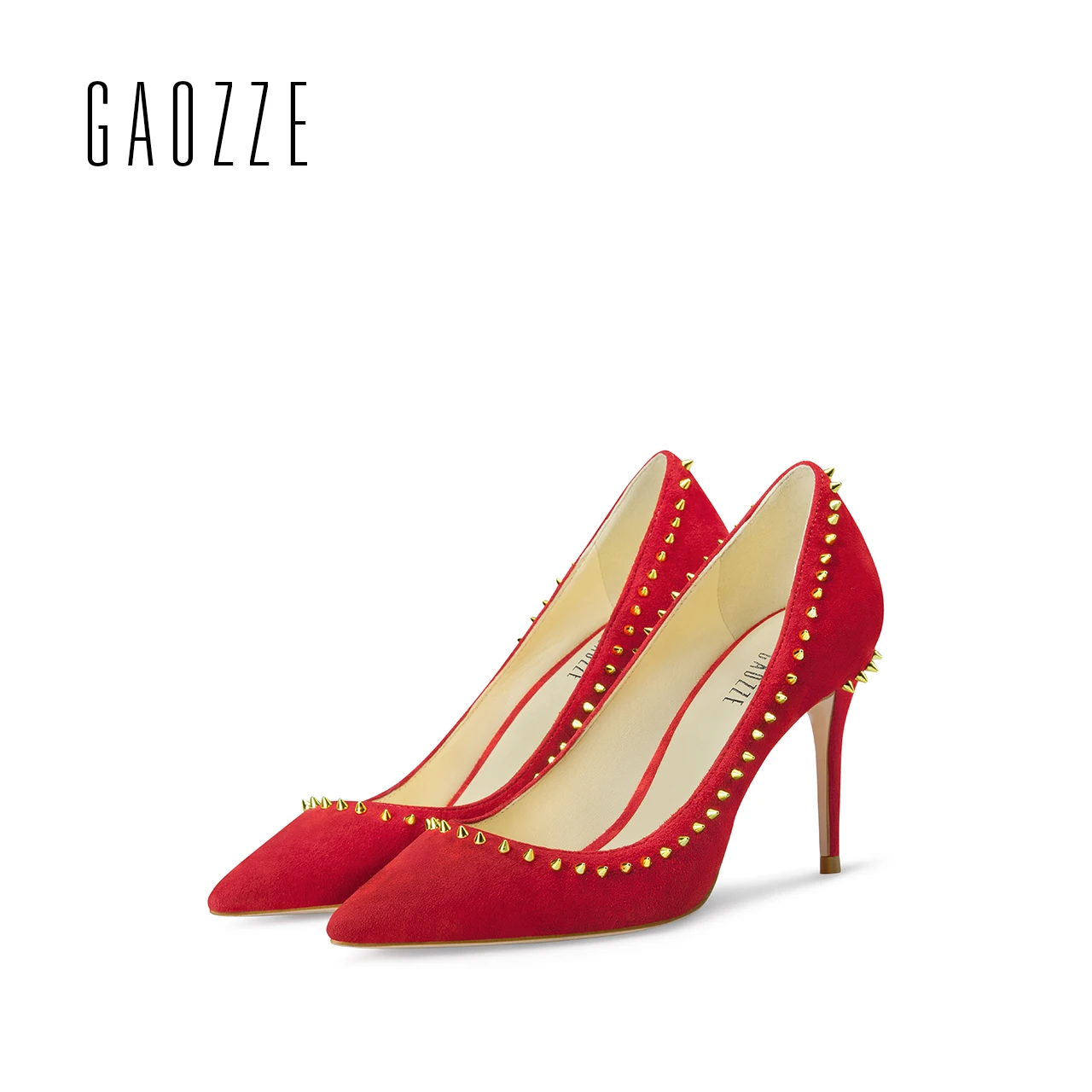 

GAOZZE new red high-heeled pump shoes women wedding shoes pointed toe casual shoes rivets pumps shoes 2017 autumn