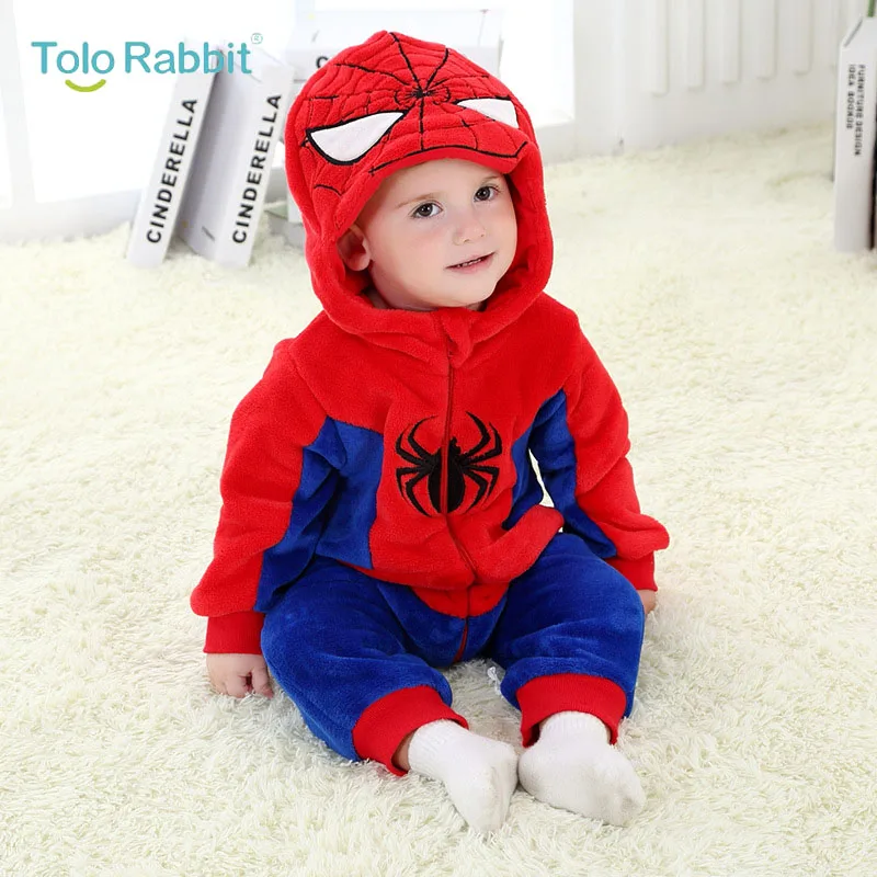 Baby Cartoon Rompers Newborn Hooded Toddler Clothing Boys Girls Minions Animal Jumpsuit Playsuit Costume Flannel Baby Rompers - Цвет: Spider Man