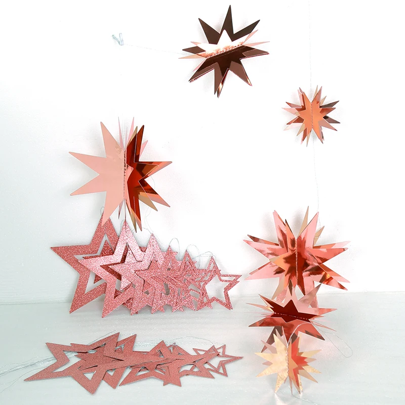 

3Sets Rose Gold Paper Glitter Hollow 3D Star Garlands Banner Kids Girls Birthday Decoration Baby Shower Bunting Flags