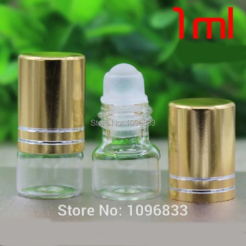 1ml Glass Roll on bottle Mini Clear Glass Roller Bottles Perfume Test Vial with Metal Bead Roller Glass Roller Ball Gold Cap (2)